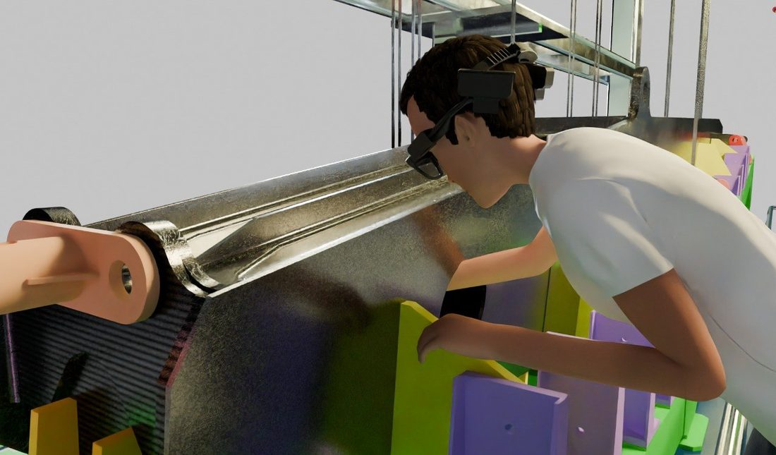 Concept render: a worker wearing the system at a pylon assembly station